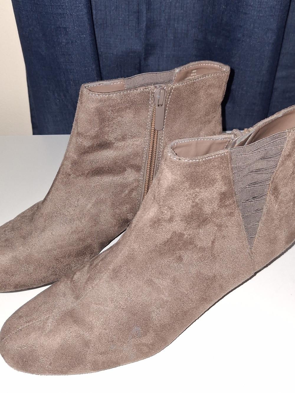 Impo Taupe Suede Ankle Booties with Elastic Side Panel